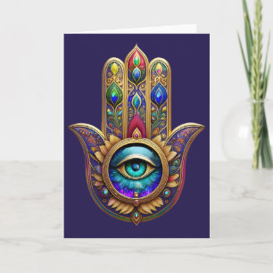 Gold Peacock Colours Hamsa Green Sapphire Third Ey Card
