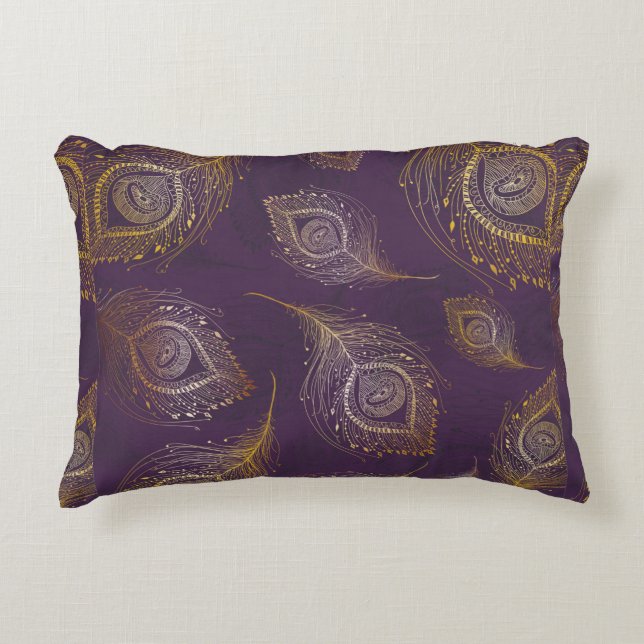 Gold peacock feather in violet background accent pillow (Front)