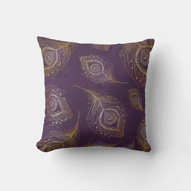 Gold peacock feather in violet background throw pillow (Front)