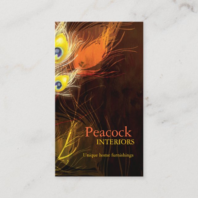 Gold Peacock Feather Interior Design Business Card (Front)