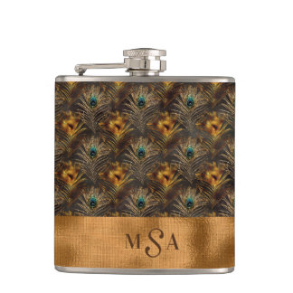 Gold Peacock Feather Monogram Elegant Personalized Hip Flask