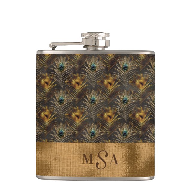 Gold Peacock Feather Monogram Elegant Personalized Hip Flask (Front)