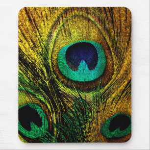Gold Peacock Feather Pattern Mouse Pad
