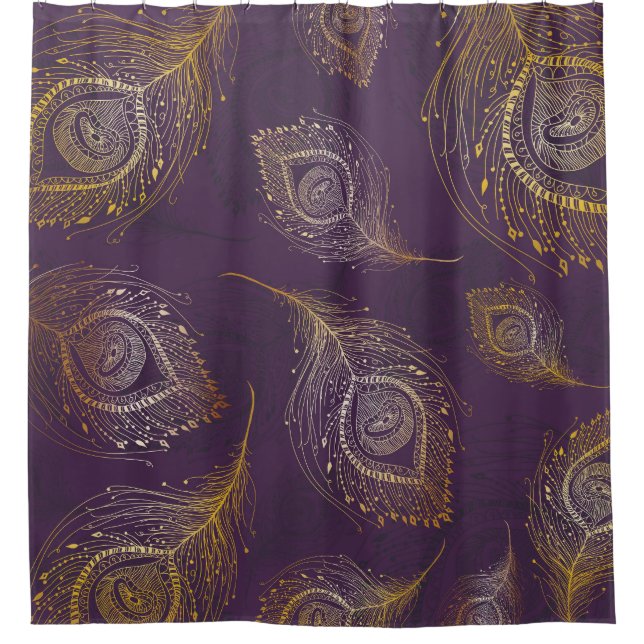 Gold peacock feather, violet background. (Front)