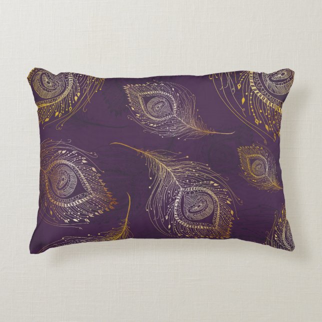 Gold peacock feather, violet background. accent pillow (Front)