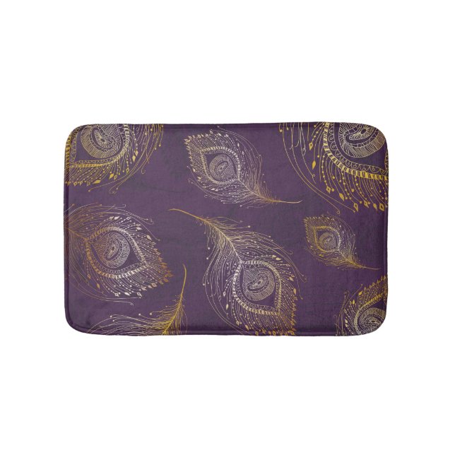 Gold peacock feather, violet background. bath mat (Front)