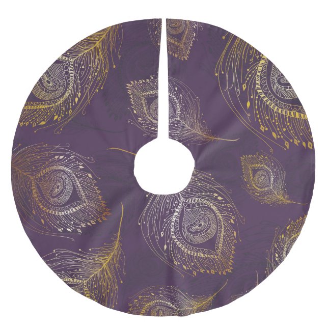 Gold peacock feather, violet background. brushed polyester tree skirt (Front)