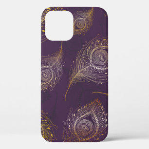 Gold peacock feather, violet background. iPhone 12 case