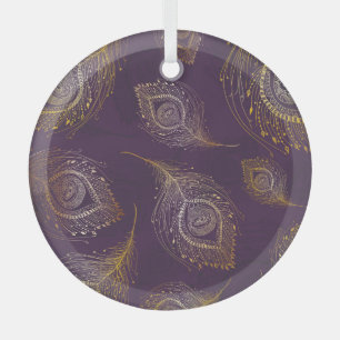 Gold peacock feather, violet background. glass ornament