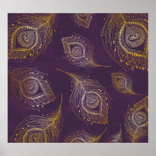 Gold peacock feather, violet background. poster