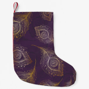 Gold peacock feather, violet background. small christmas stocking