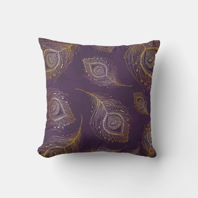 Gold peacock feather, violet background. throw pillow (Front)