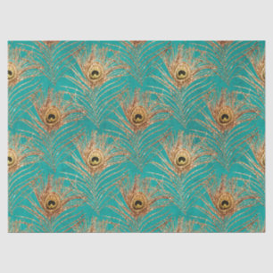 Gold Peacock Feathers on Aqua Decoupage Tissue Paper