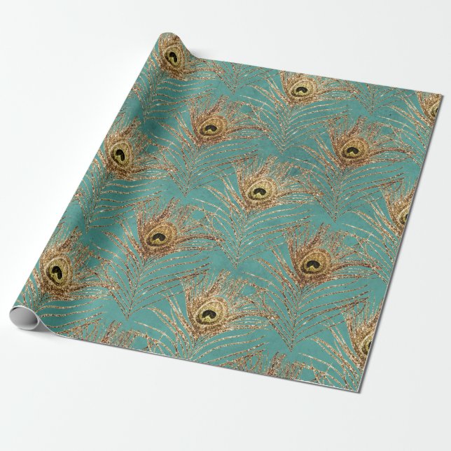 Gold Peacock Feathers on Aqua Wrapping Paper (Unrolled)