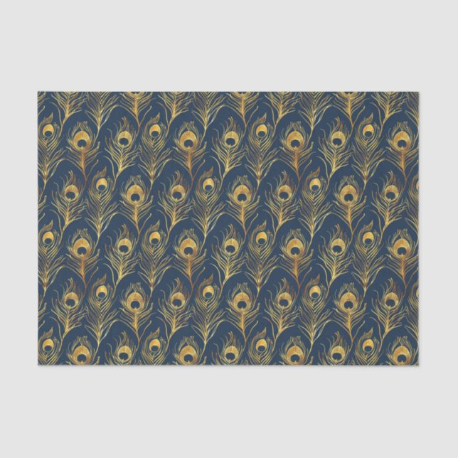 Gold Peacock Feathers on Blue Patterned Decoupage Tissue Paper (Front)