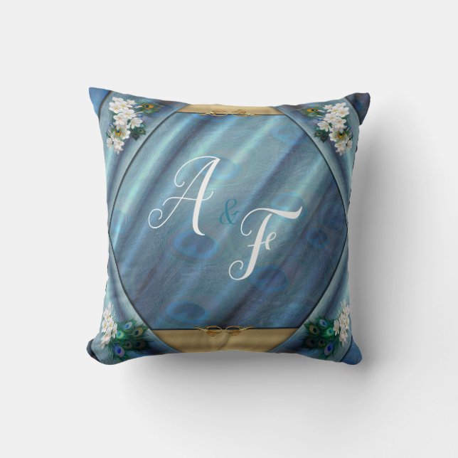 Gold, Peacock Feathers on Emerald Green Gift Throw Pillow (Front)