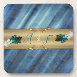 Gold, Peacock Feathers on Emerald Green Silk Coaster