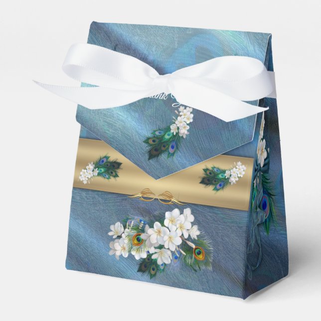 Gold, Peacock Feathers on Emerald Green Silk Favor Box (Front Side)