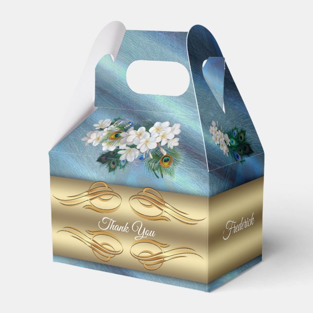 Gold, Peacock Feathers on Emerald Green Silk Favor Box (Front Side)