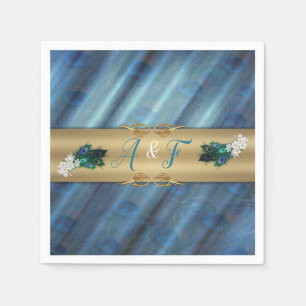 Gold, Peacock Feathers on Emerald Green Silk Napkin