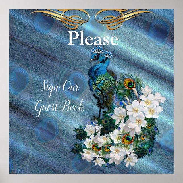 Gold, Peacock Feathers on Emerald Green Silk Poster (Front)