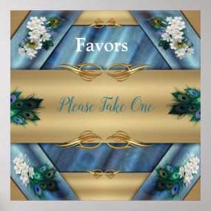 Gold, Peacock Feathers on Emerald Green Silk Poster