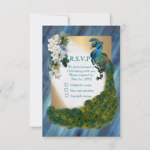 Gold, Peacock Feathers on Emerald Green Silk RSVP Card
