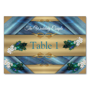 Gold, Peacock Feathers on Emerald Green Silk Table Number