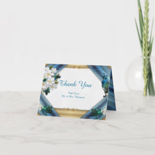 Gold, Peacock Feathers  on Emerald Green Silk Thank You Card