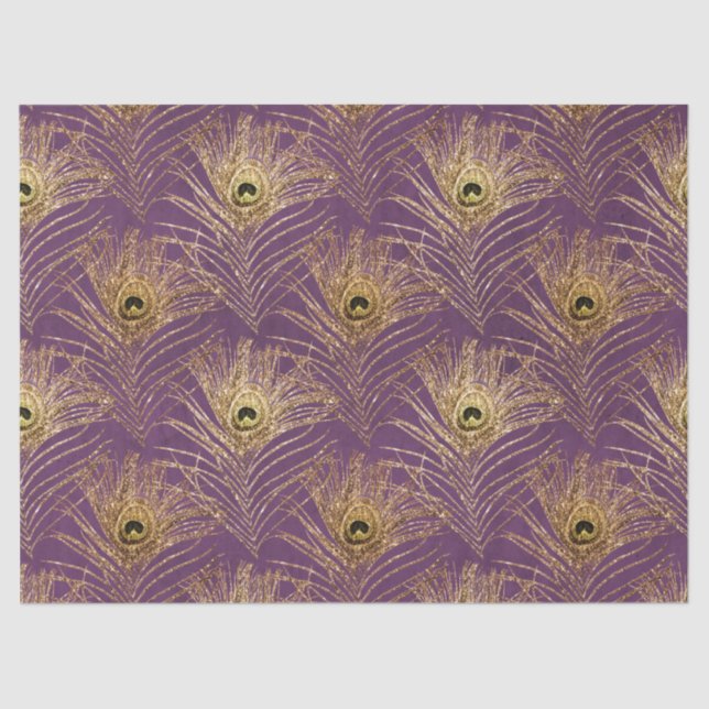 Gold Peacock Feathers on Purple Decoupage Tissue Paper (Front)
