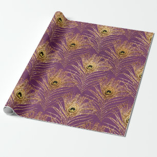 Gold Peacock Feathers on Purple Wrapping Paper
