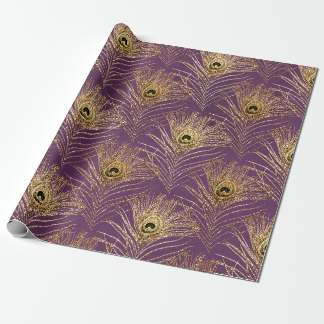 Gold Peacock Feathers on Purple Wrapping Paper (Unrolled)