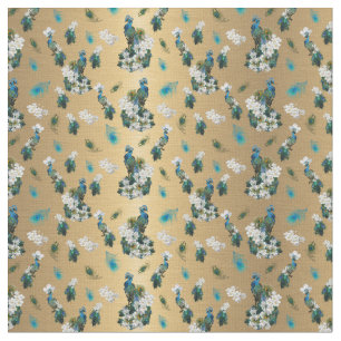 Gold - Peacock Feathers Running Print Fabric