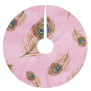 Gold peacock feathers, watercolor seamless pattern brushed polyester tree skirt