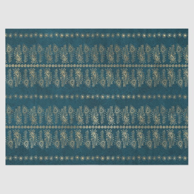 Gold Peacock Flowers on Teal Decoupage Tissue Paper (Front)