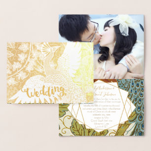 Gold Peacock Geometric Frame Wedding Invitations