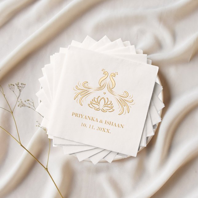Gold Peacock Indian Lotus Élégant Real (Real Gold Foil Peacocks Wedding Napkins Hindu Punjabi Indian)