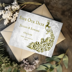 Gold Peacock Leaf Vine Save The Date Announcement