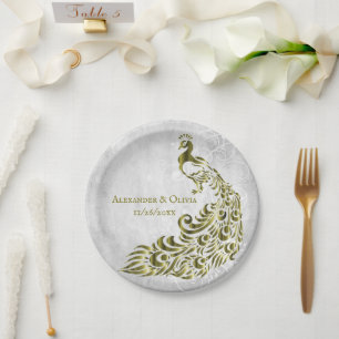 Gold Peacock Leaf Vine Wedding Paper Plate