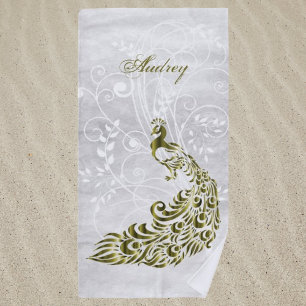 Gold Peacock Personalized Beach Towel