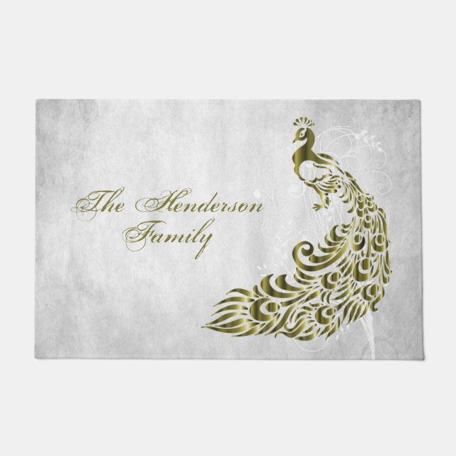 Gold Peacock Personalized Door Mat (Front)