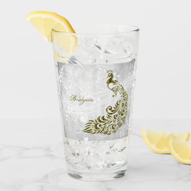 Gold Peacock Personalized Glass Cup (Front Ice)