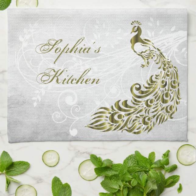 Gold Peacock Personalized Kitchen Towel (Folded)