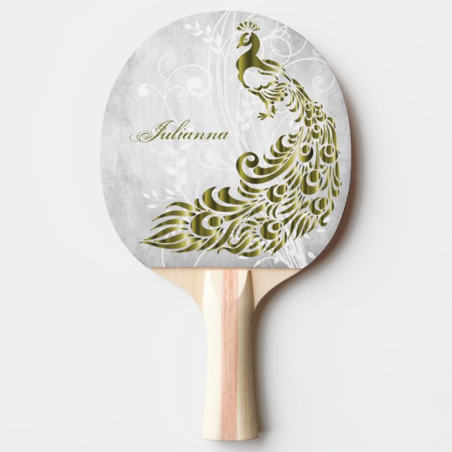 Gold Peacock Personalized Ping Pong Paddle (Front)
