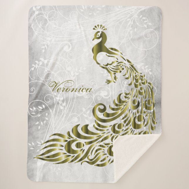 Gold Peacock Personalized Sherpa Blanket (Front)