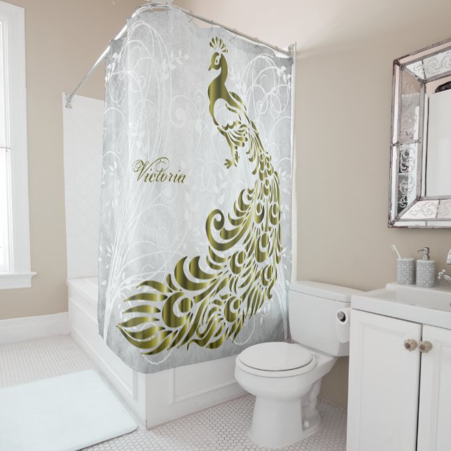 Gold Peacock Personalized Shower Curtain (In Situ)