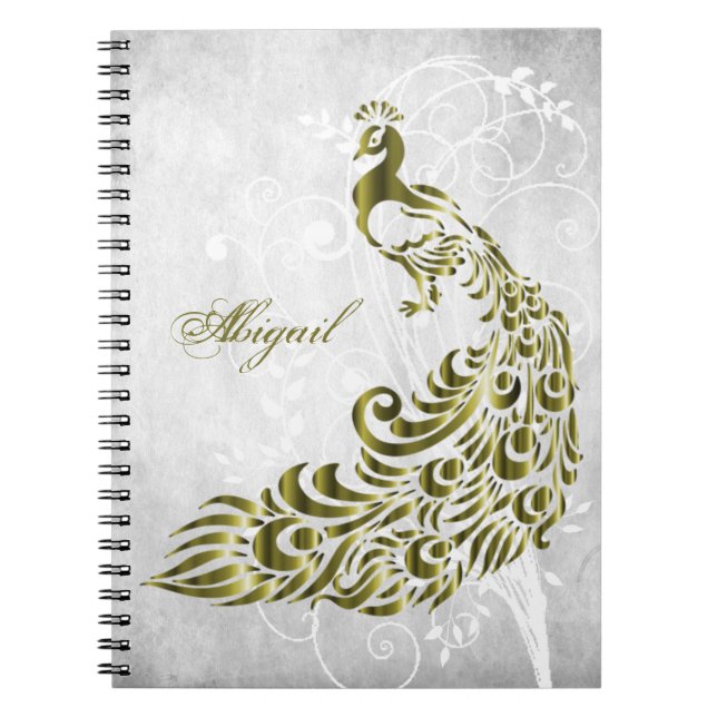 Gold Peacock Personalized Spiral Photo Notebook (Front)