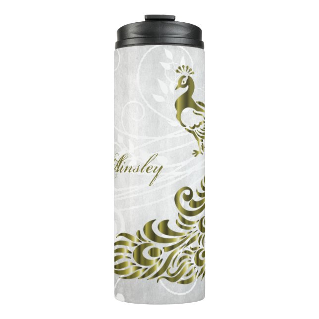 Gold Peacock Personalized Thermal Tumbler (Front)