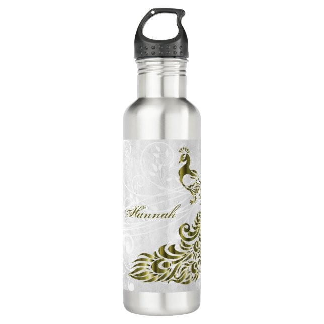 Gold Peacock Personalized Water Bottle (Front)