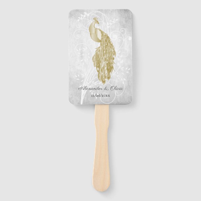 Gold Peacock Wedding Favour Hand Fan (Front)